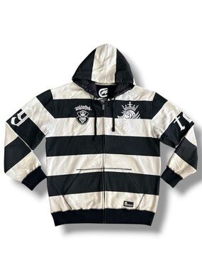 Ecko Unltd Black White Striped Zip Hoodie Sz L